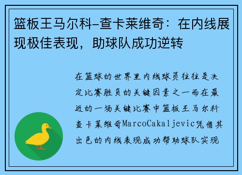 篮板王马尔科-查卡莱维奇：在内线展现极佳表现，助球队成功逆转